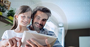 Binary coding data processing against caucasian father and daughter using digital tablet at home