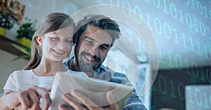 Binary coding data processing against caucasian father and daughter using digital tablet at home
