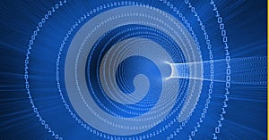 Binary coding data processing over a digital tunnel against light trails on blue background