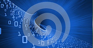 Binary coding data processing over a digital tunnel against light trails on blue background