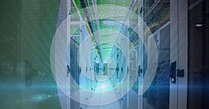 Binary coding data processing over empty computer server room against green technology background