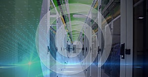 Binary coding data processing over empty computer server room against green technology background