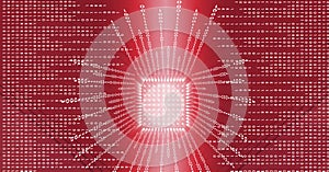 Binary coding data processing over microprocessor chip against red background