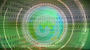 Binary coding data processing over spinning globe against green background