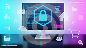 Computer screen with programming code, concept of computer security, malware, virus or hacker attack. 3d illustration.
