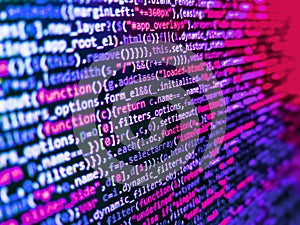 Binary computer code background, abstract. HTML code on lcd screen. Abstract modern virtual computer script. Abstract program code