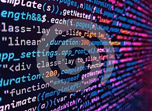 Binary computer code background, abstract. Programming code abstract screen of software developer. PHP development, software site