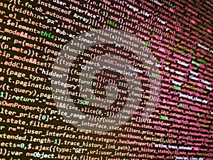 Binary computer code background, abstract. Web abstract programming and created virus on laptop screen. Program code PHP HTML CSS