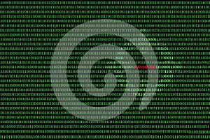 Binary computer code background, with red password