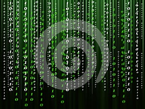 Binary computer code flowing on the black-green background