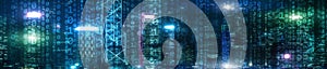 Binary computer code virtual city skyline. Matrix Mixed Media Background.