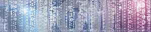 Binary computer code virtual city skyline. Matrix Mixed Media Background.