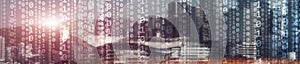 Binary computer code virtual city skyline. Matrix Mixed Media Background.
