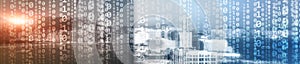 Binary computer code virtual city skyline. Matrix Mixed Media Background.