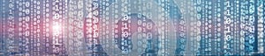 Binary computer code virtual city skyline. Matrix Mixed Media Background.