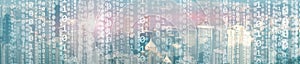 Binary computer code virtual city skyline. Matrix Mixed Media Background.