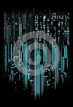 Binary computer matrix code data stream abstract background showing a coding transmission over the global internet network