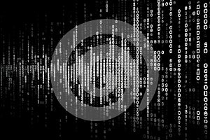 Binary computer matrix code data stream abstract background showing a coding transmission over the global internet network
