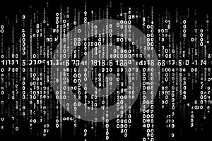 Binary computer matrix code data stream abstract background showing a coding transmission over the global internet network