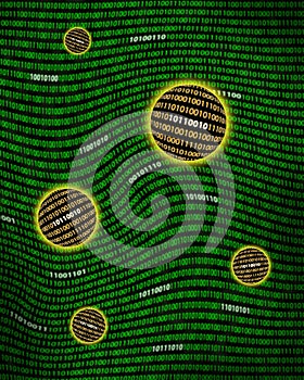Binary data orbs floating a digital vortex
