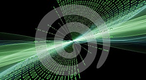 Binary data stream on black background, representing digital information and technology convergence