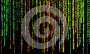 Binary digital code with a neon green glow on a black background.