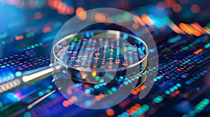 binary Magnifying glass looks at binary code on digital screen, representing data analysis.