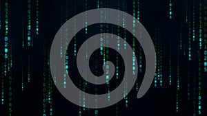 Binary matrix background. Falling digits on dark backdrop. Running random numbers