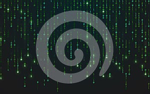 Binary matrix background. Falling random numbers on dark backdrop. Running bright code. Futuristic data concept
