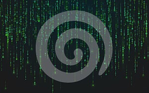 Binary matrix background. Green falling digits. Running bright numbers. Abstract data stream. Futuristic code backdrop