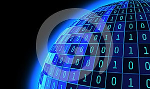 01 or binary numbers ball or sphere isolated on black. The computer screen on monitor matrix background, Digital data code in
