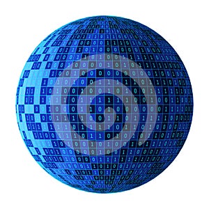 01 or binary numbers ball or sphere isolated on white. The computer screen on monitor matrix background, Digital data code in photo