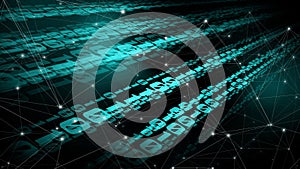Binary numbers and connected lines exploring abstract concept of cyber security and ai through machine learning and binary code