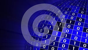 Binary numbers on a part of ball or sphere in front of black background - digital data code inside security technology concept