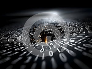 A digital background with binary code spiraling around the center, representing data flow and technology's impact on society