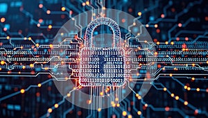 Binary Padlock Data Security Concept with Glowing Circuitry