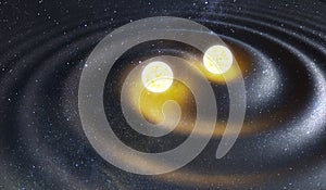 Binary star system generating gravity waves. Gravity and astrophysics concept. 3D rendered illustration. photo