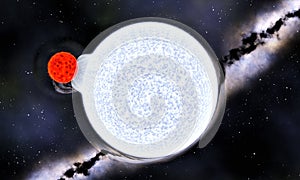 Binary star with red dwarf and blue giant, 3d render