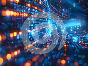 Binary stream or code tunnel background , data flow, charts with numbers and computer programing