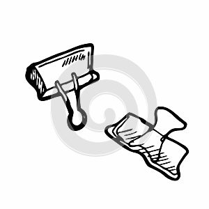 Binder paper clip for binding sheets of paper together, hand drawn vector doodle icon. Simple stationery device foldover bobby