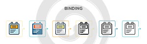 Binding vector icon in 6 different modern styles. Black, two colored binding icons designed in filled, outline, line and stroke