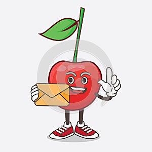Bing Cherry cartoon mascot character holding an envelope
