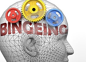 Bingeing and human mind - pictured as word Bingeing inside a head to symbolize relation between Bingeing and the human psyche, 3d