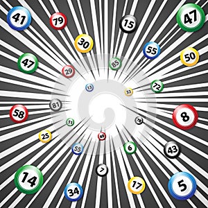 Bingo balls on black and white light burst background, vector illustration