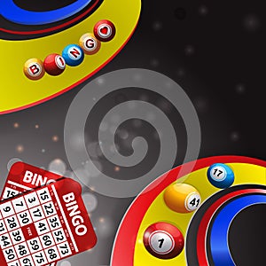 Bingo balls over multi coloured swirl and cards