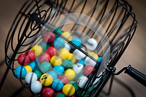 Bingo balls in selection cage