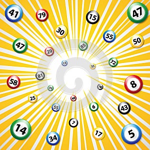 Bingo balls on yellow light burst background, vector illustration