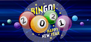 Bingo! billiard balls with numbers 2021 on a blue background. Holiday concept and text Happy New Year.