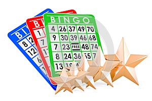 Bingo cards with five golden stars. Customer rating, 3D rendering