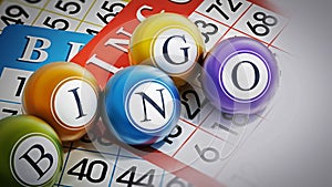 BINGO game cards and balls forming bingo word. 3D illustration